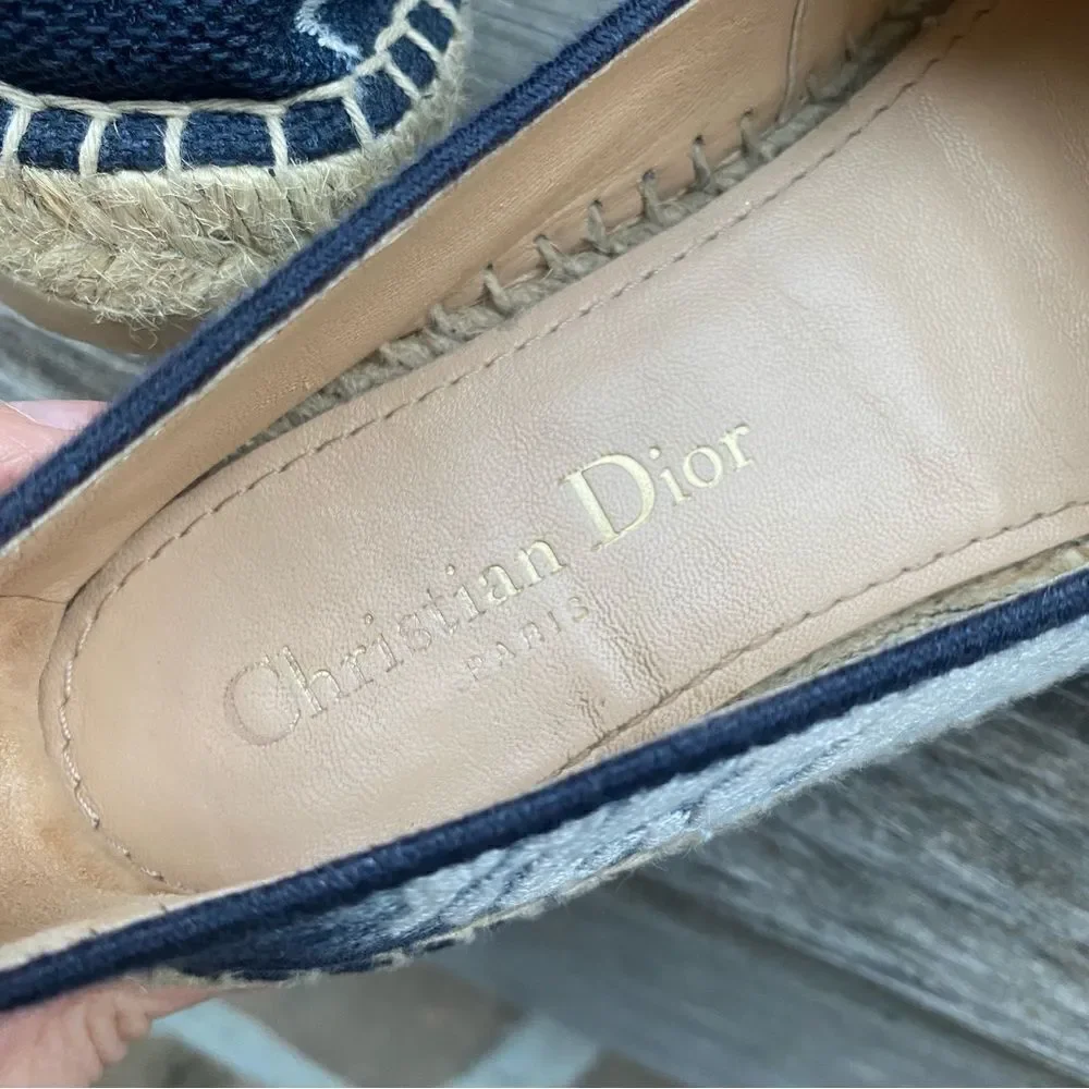 Dior Granville Tie Dye Denim Blue White Logo Embroidered Espadrille Flat 35
